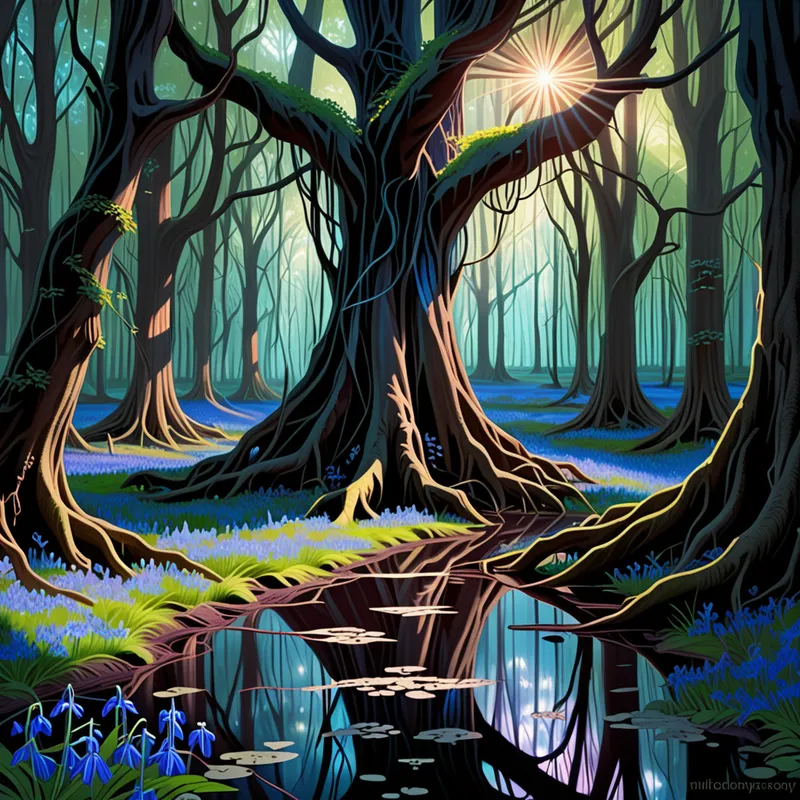 Enchanted Bluebell Clearing - A shady ancient forest with enormous trees and tangled roots, the sunlight barely reaching through the canopy. In the center, a glowing patch of bluebell flowers seems to float in the darkness, their pale blue light casting eerie reflections and heightening the ominous mood. - AI image generated with Fictional - vivid colors, fantasy art