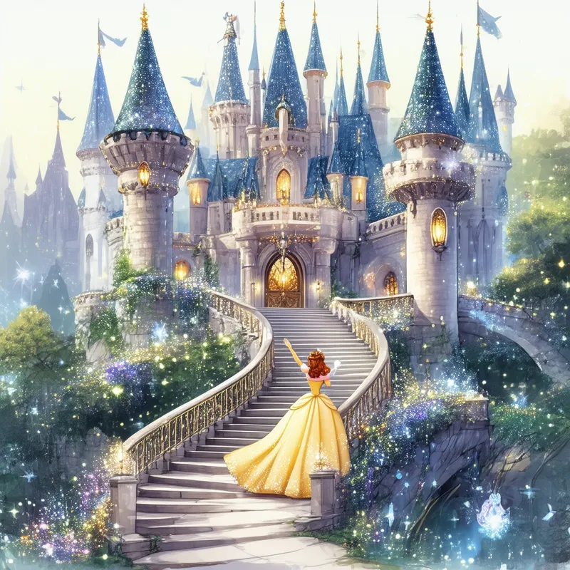 Enchanted Castle - Create an illustration of a magnificent enchanted castle with sparkling turrets and a beautiful princess waving from a balcony, surrounded by magical creatures.