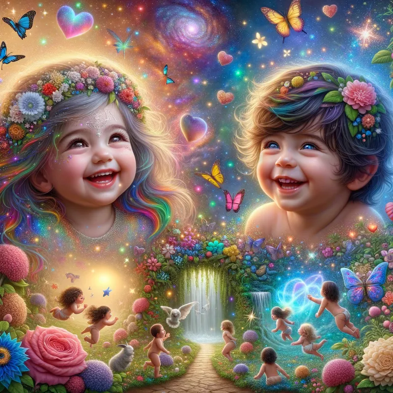 Enchanted Childhood - cute toddler girl and toddler boy with fuzzy messy rainbow hair smiling, glitter, Rhonda flowers, galaxy, butterfly's, hearts, sparkles, universe, firefly's, waterfall, garden, fantasy forest, beautiful lit, insanely detailed, stunning environment, spiritual, colorful, illustration, enchanting, fantasy, vibrant colors, incredibly lifelike, realistic, heaven - AI image generated with Art