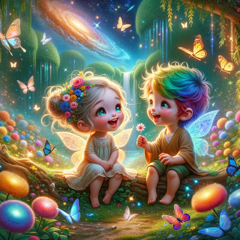 Enchanted Childhood - cute toddler girl and toddler boy with fuzzy messy rainbow hair smiling, glitter, Rhonda flowers, galaxy, butterfly's, hearts, sparkles, universe, firefly's, waterfall, garden, fantasy forest, beautiful lit, insanely detailed, stunning environment, spiritual, colorful, illustration, enchanting, fantasy, vibrant colors, incredibly lifelike, realistic, heaven - AI image generated with Art