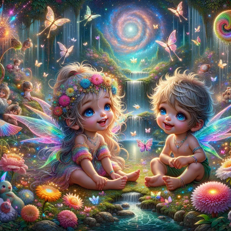 Enchanted Childhood Wonder - cute toddler girl and toddler boy with fuzzy messy rainbow hair smiling, glitter, Rhonda flowers, galaxy, butterfly's, hearts, sparkles, universe, firefly's, waterfall, garden, fantasy forest, beautiful lit, insanely detailed, stunning environment, spiritual, colorful, illustration, enchanting, fantasy, vibrant colors, incredibly lifelike, realistic, heaven - AI image generated with Art