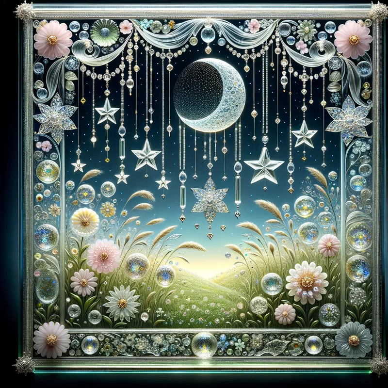 Enchanted Crystal Sanctuary - the glass frame resembles a beautiful glass nature seen, have hanging stars, a moon, inside the crystal frame have glass meadow glass flowers, diamonds and gems, background glass flower - AI image generated with Art - fantasy art, intricate details