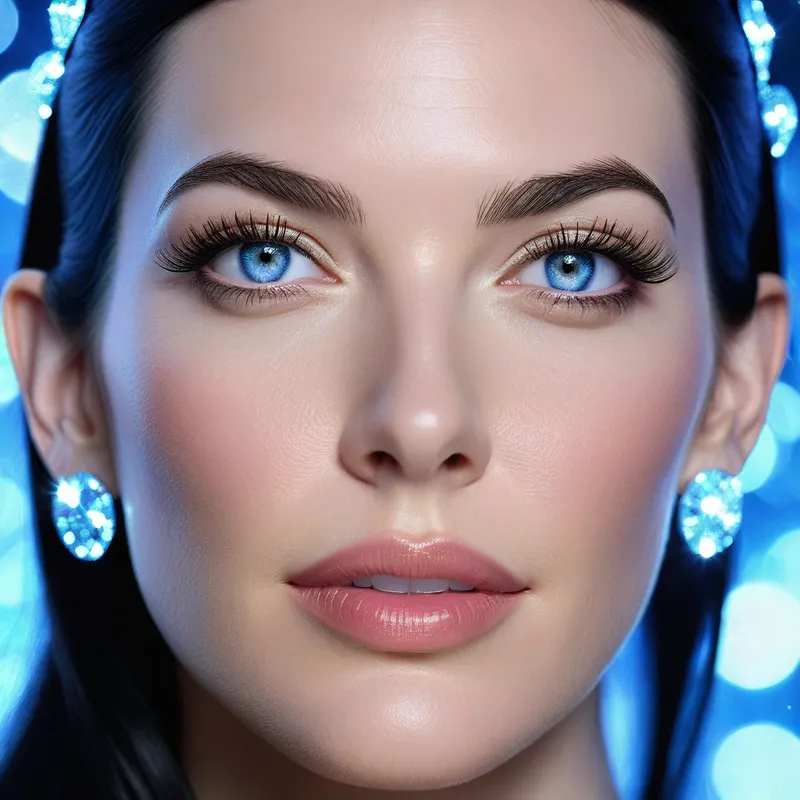 Enchanted Elfin Gaze - A close-up of Liv Tyler, highlighting her black hair, bright light-blue eyes, and small elf ears, with a magical, sparkling aura surrounding her. - AI image generated with Photorealistic - photorealistic