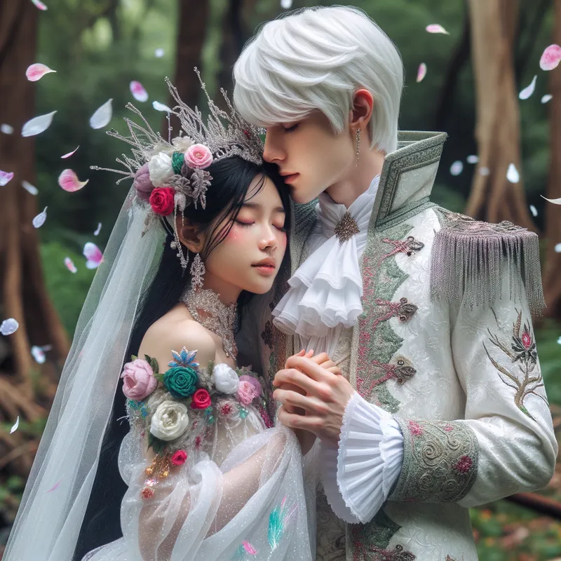 Enchanted Embrace: Fairy' Prince - Fairy in a wood dressed in magical stuff is embraced by a prince. They kiss. Petals fall on background. Fairy is held in the arms of the prince. - AI image generated with Art