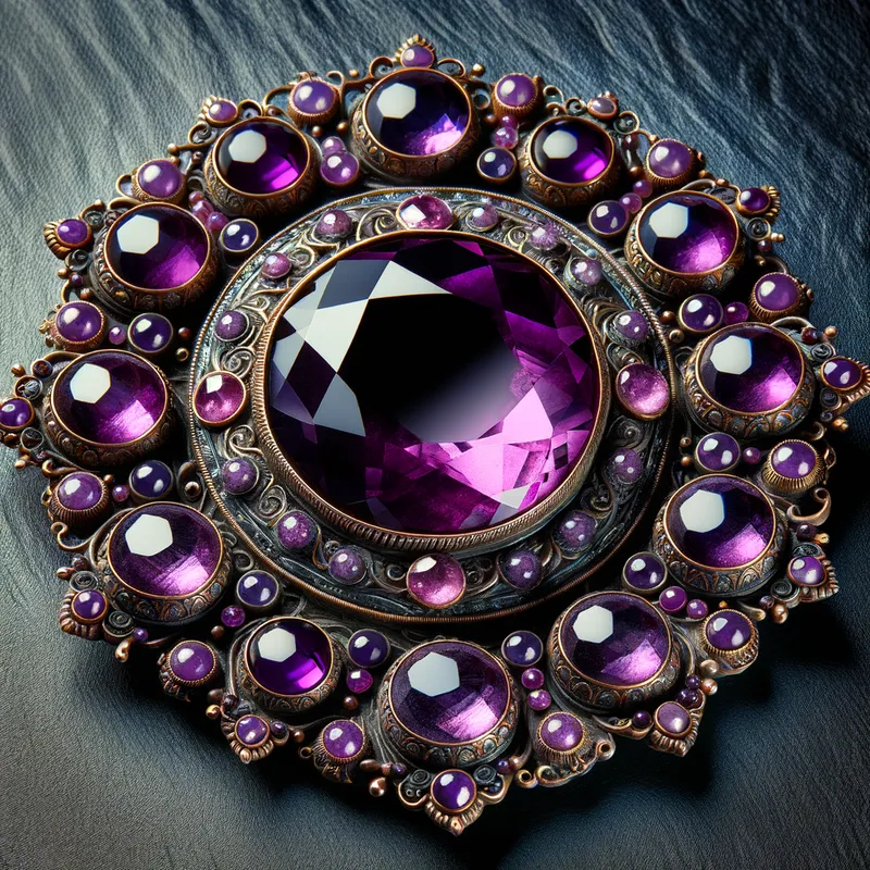 Enchanted Epoch Amulet - A captivating image of a 12th-century amulet featuring a large central purple stone, highlighted by an array of smaller purple stones, each meticulously crafted to represent the enchanting period it hails from. - AI image generated with Art