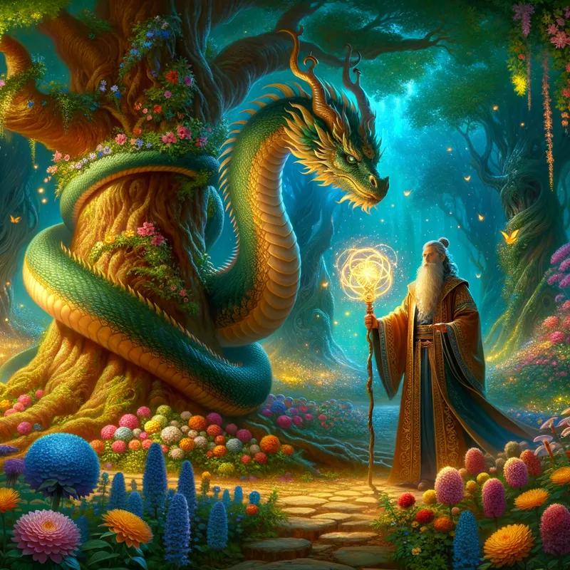 Enchanted Forest - Within a lush and vibrant forest filled with pritty flowers and glowing plants, a pritty dragon coils around a large, ancient tree. The dragon's scales reflect magical colors, and beside it stands a wise wizard holding a glowing staff. - AI image generated with Art