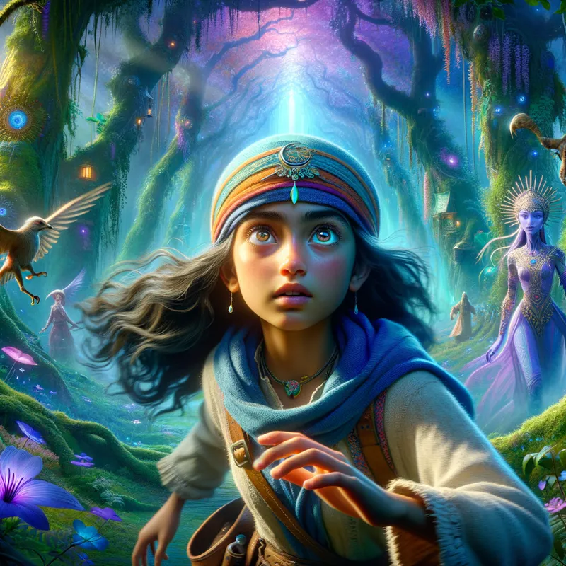 Enchanted Forest Exploration - A young female protagonist exploring a magical forest, filled with vibrant colors, mythical beings, and a sense of childlike imagination. The scene should convey a feeling of adventure and discovery. - AI image generated with Art