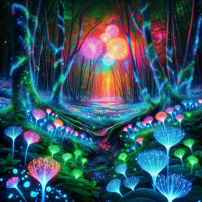 Enchanted Forest Fireworks - A magical, otherworldly forest setting with bioluminescent plants and creatures, illuminated by a soft, multicolored firework display in the canopy above. - AI image generated with Art