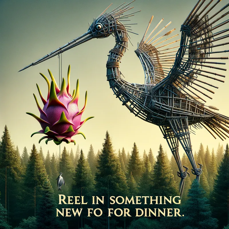 Enchanted Forest Fish - Generate an image featuring a majestic crane engineered to look like a fisher's rod, offering a fish stylised after a dragonfruit to the open woods below. 'Reel in something new for dinner' is inscribed on the crane's exterior. - AI image generated with Art