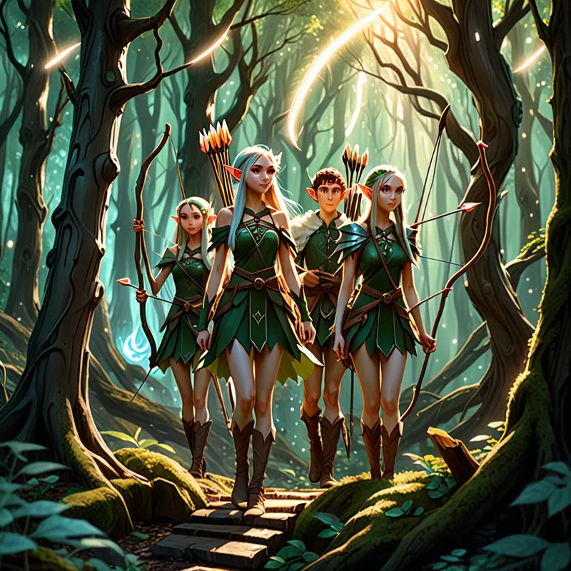 Enchanted Forest Guardians - Anime-inspired elf people standing among dense trees, carrying bows, arrows, and carved sticks, with magical light swirling through the forest and a dreamy fantasy atmosphere. - AI image generated with Fictional