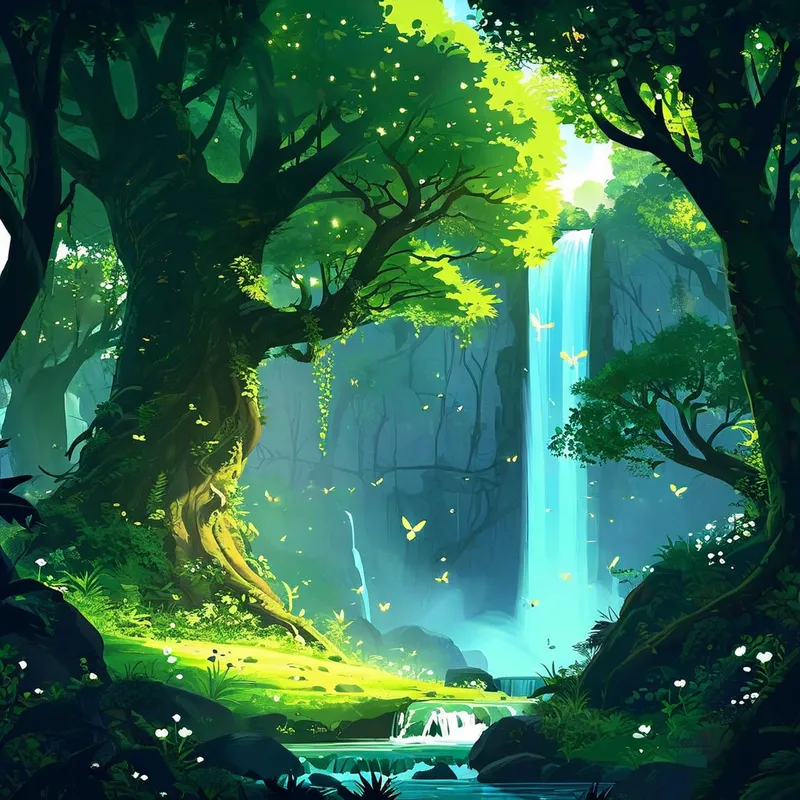 Enchanted Ghibli Forest Fantasy - Create a Ghibli-style fantasy image featuring a magical forest with towering trees, mystical creatures like fairies and dragons, and a serene waterfall in the background. The scene should be vibrant with lush greenery and soft, glowing lights. - AI image generated with Nova Canvas