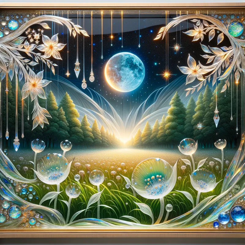 Enchanted Glass Frame - the glass frame resembles a beautiful nature seen, have hanging stars, a moon, inside the crystal frame have meadow glass flowers, diamonds and gems, background glass flower - AI image generated with Art - fantasy art, intricate details