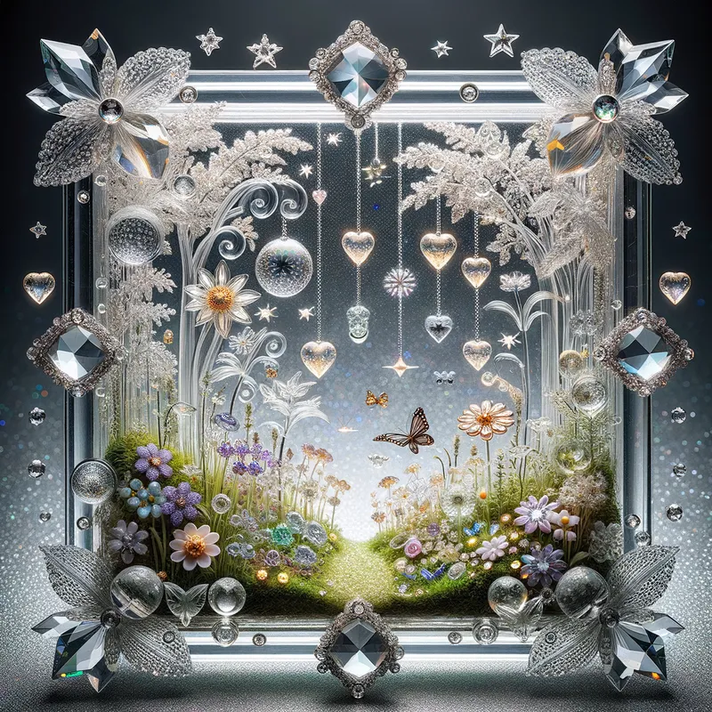 Enchanted Glass Symphony - A delicate glass crystal frame resembles a beautiful nature seen, have hanging glass small stars, small glass hearts, inside the crystal glass frame have glass meadow glass flowers, crystal diamonds and gems, glass butterfly, background crystal flower silver glittery background - AI image generated with Art - fantasy art, intricate details