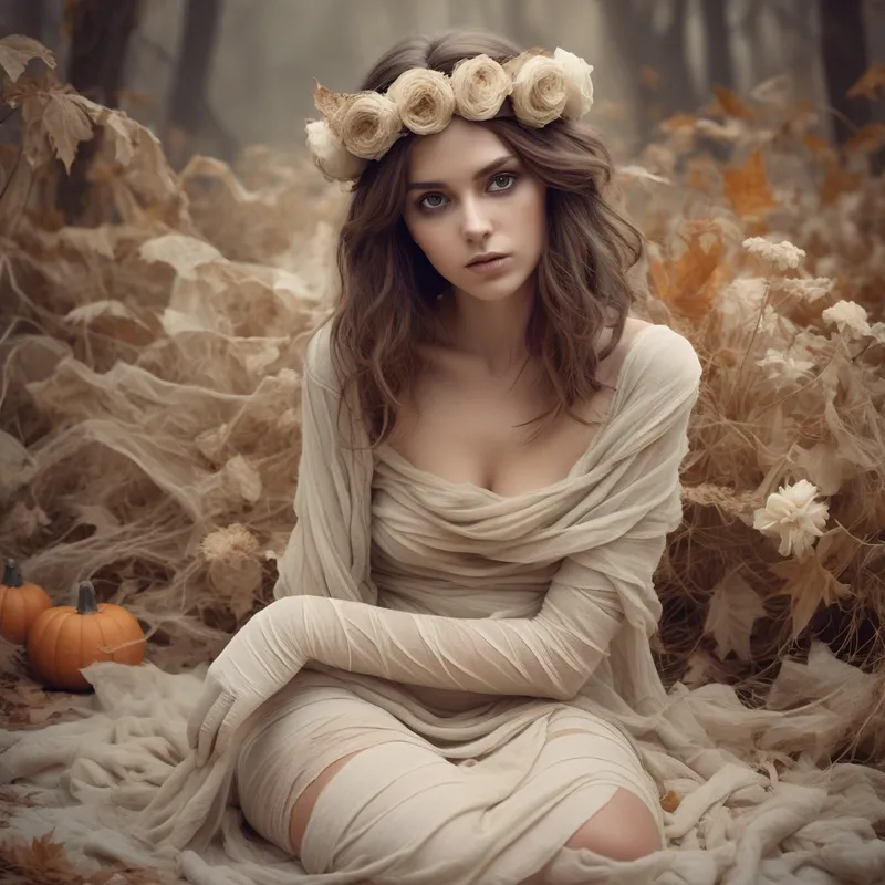 Enchanted Harvest Mummy - A painterly Halloween fantasy scene featuring a slender young woman with brown hair, expressive light brown eyes, and delicate makeup, posed as a flirtatious mummy. Her body is covered in layered, weathered gauze bandages in soft beige and ivory tones, styled with elegant complexity. Autumn flowers and foliage crown her head and accent her waist as she crouches on forest-like soil in side profile, giving a sly and playful gaze in a whimsical autumn setting. - AI image generated with Photorealistic - vivid colors