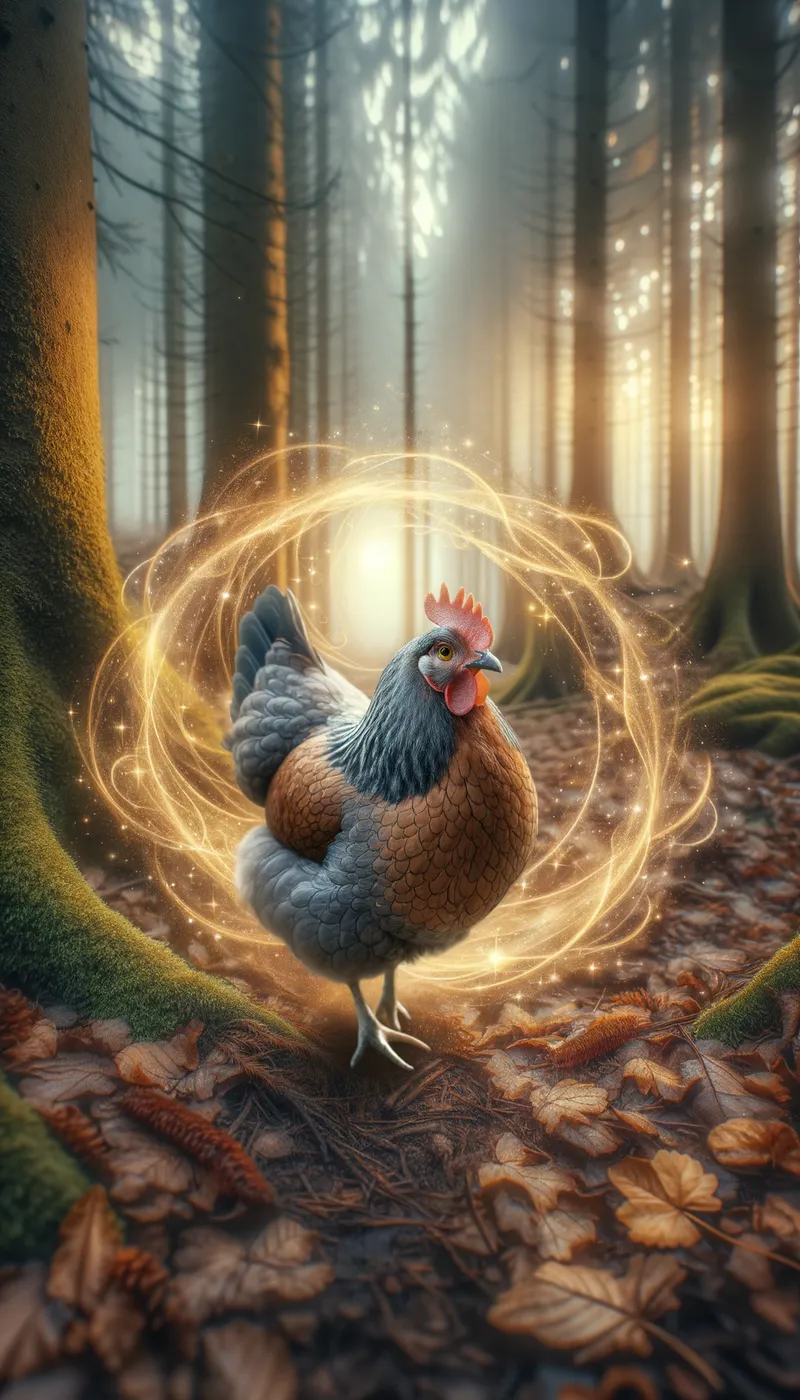 Enchanted Hen' Energy - a grey brown hen in an enchanted forest, with magical golden energy, swirling all around her - AI image generated with Art