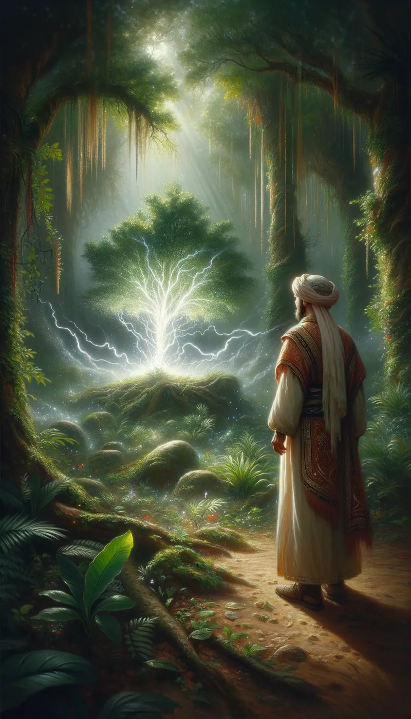 Enchanted Lightning - Within an enchanting, magical forest, a young man in traditional robes watches in amazement as a tree is electrified by a bolt of white lightning, illuminating the magical landscape. - AI image generated with Art - oil art