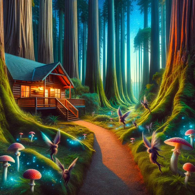 Enchanted Log Cabin - A cozy log cabin nestled among towering trees, with a dirt path leading from the front door into a mystical forest, teeming with small, unique fantasy creatures darting around the trunks. - AI image generated with Art - fantasy art, vivid colors, night lighting