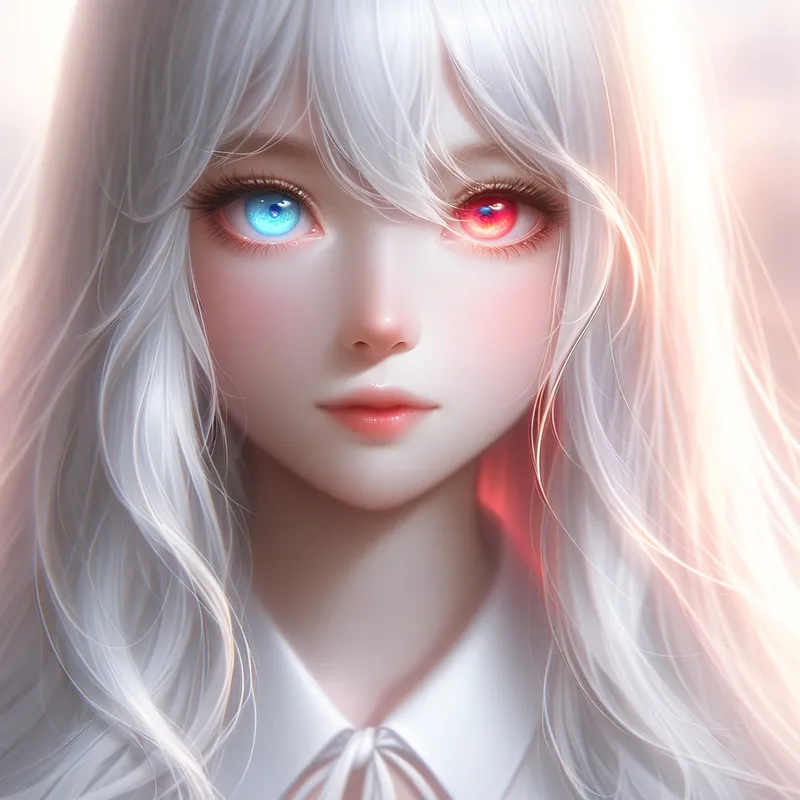 Enchanted Maiden - A portrait of a girl with pure white hair cascading down her shoulders. Her left eye glows light blue and her right eye is a striking red, set against a soft, dreamy background. - AI image generated with Art