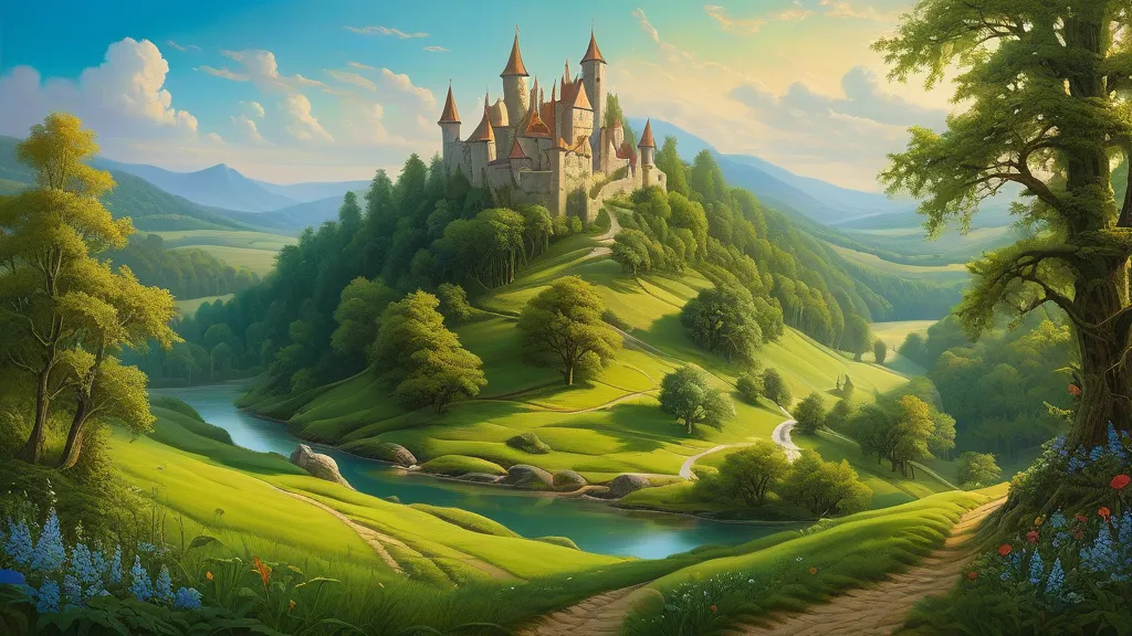Enchanted Medieval Forest - A fantastical interpretation of a forested countryside, with a sense of magic and wonder permeating the medieval landscape. - AI image generated with Fictional - fantasy art, oil art