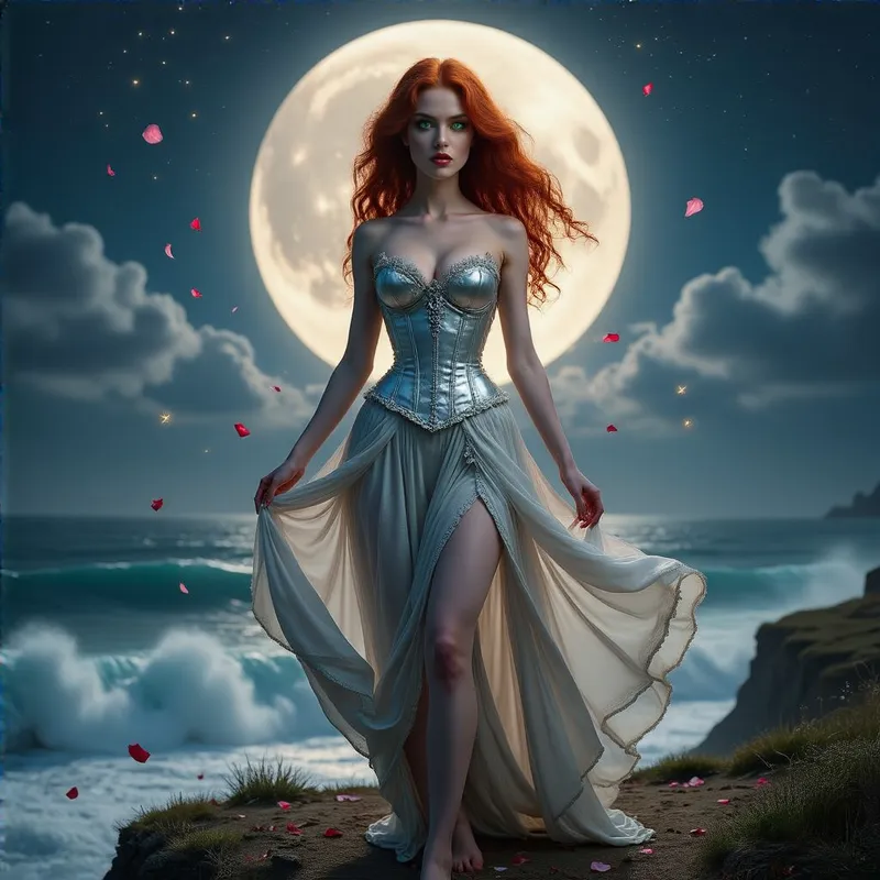 Enchanted Moonlit Majesty - A breathtaking, ultra-realistic cinematic portrait of a stunning red-haired woman standing at the edge of a moonlit cliff, her long wavy hair cascading in the wind. She wears a shimmering silver corset with intricate embroidery and a flowing translucent skirt that dances like mist around her legs. Her piercing green eyes glimmer with mystery as she gazes into the distance, with a sky full of stars and an enormous glowing moon behind her. Scattered petals and faint sparks of magical light drift in the air, giving the scene a sense of enchantment. The waves of a vast ocean crash below, lit by the moonlight. Hyper-detailed, photorealistic skin, cinematic lighting, ethereal, fantasy artwork. - AI image generated with HiDream Full - dynamic pose, photorealistic, Michelangelo