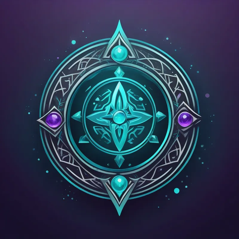 Enchanted Mythic Flux Logo - A striking logo inspired by mythical mana, featuring flowing magical energy forming a unique emblem with fantasy runes and a radiant centerpiece. Crisp vector style, balanced symmetry, glowing turquoise and amethyst hues, memorable brand identity. - AI image generated with Stable Diffusion XL
