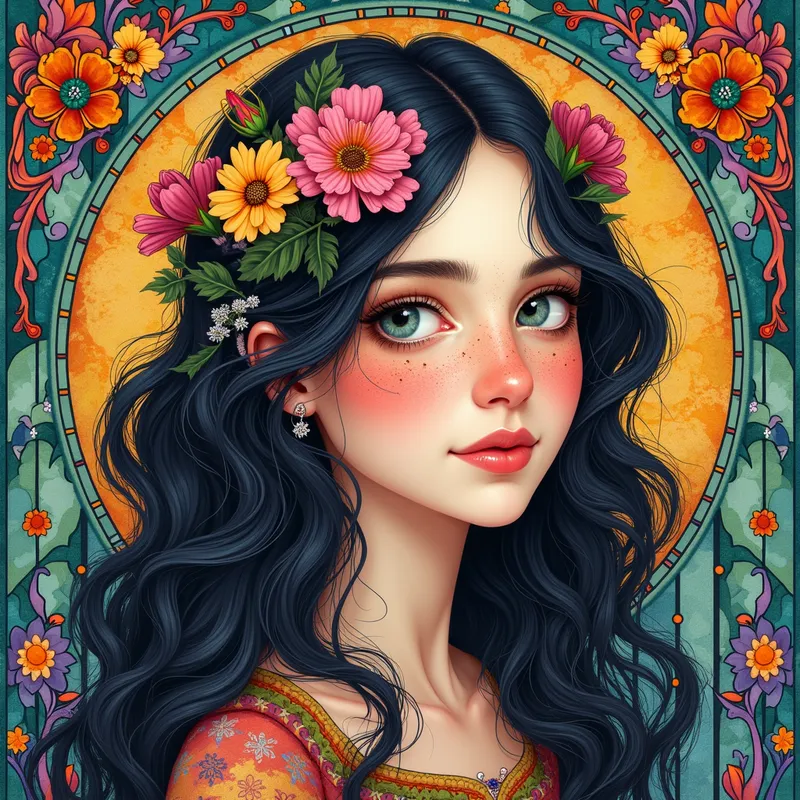 Enchanted Nouveau Garden Portrait - A digital portrait of a young woman with flowing wavy hair, her locks interwoven with ornate Art Nouveau patterns and vibrant botanical elements. She is surrounded by an abundance of colorful flowers, intricate floral mandalas, and stained glass-like shapes. Her large, expressive eyes and delicate features, complete with freckles, give her a whimsical, dreamlike expression. The background is filled with detailed botanical illustrations and ornamental swirls, evoking a magical, bohemian fantasy atmosphere in rich jewel tones and harmonious warm and cool colors. - AI image generated with Photorealistic 2 - watercolor, Luis Royo, 1/3 side view