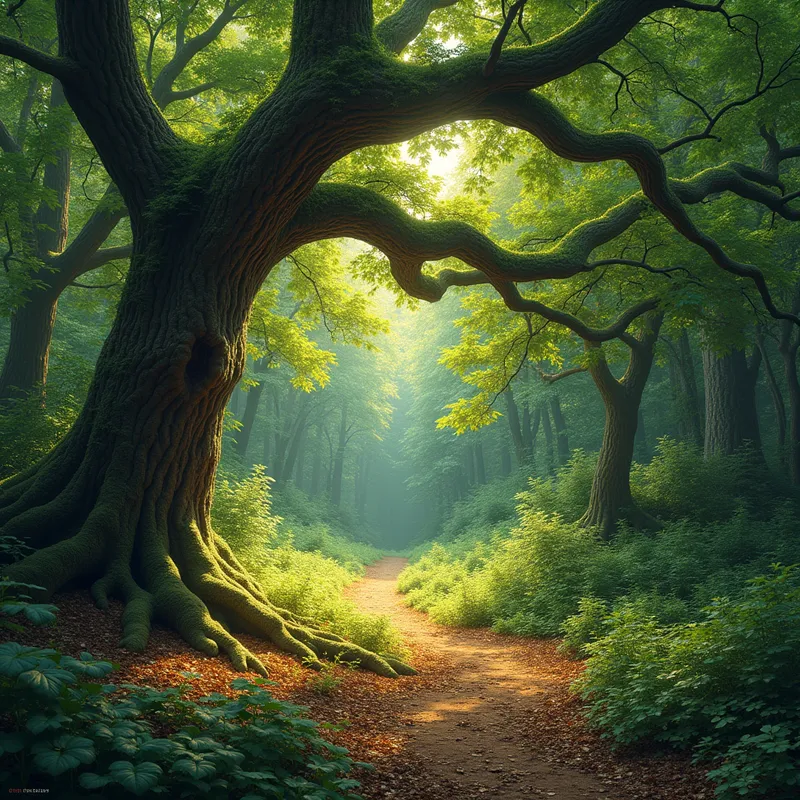 Enchanted Oak Clearing - A sun-dappled glen hidden in a dense, verdant forest, featuring a sprawling oak whose branches create playful patterns of light and shadow on the soft leaf-littered ground. - AI image generated with Flux