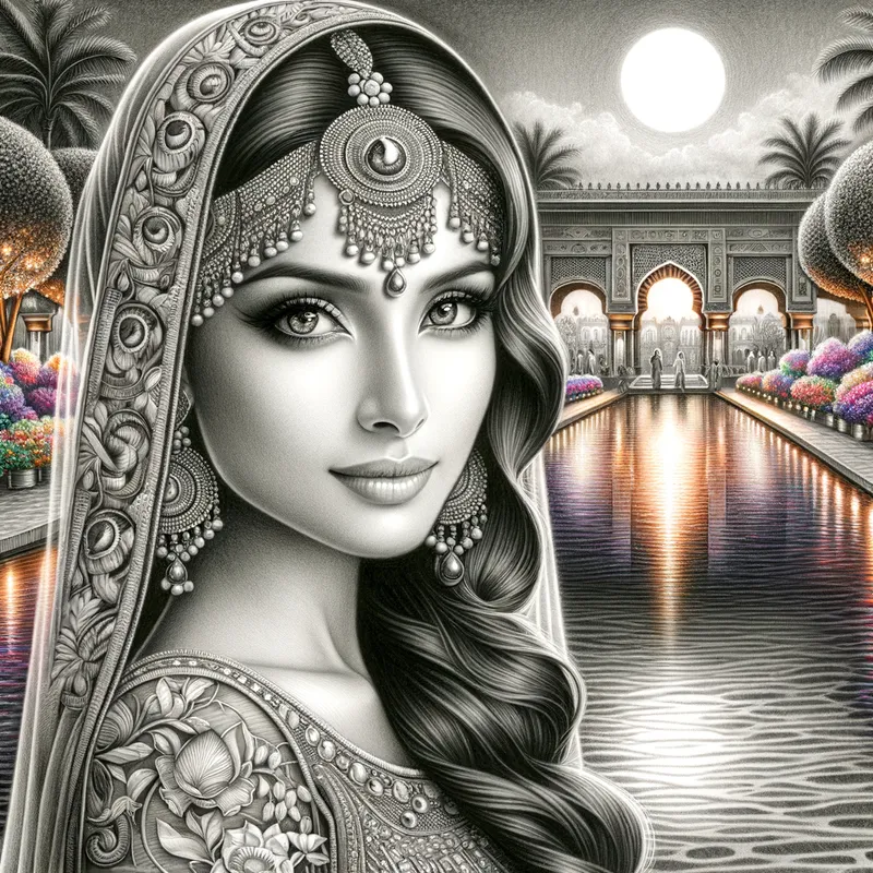 Enchanted Oasis - A captivating pencil sketch depicting an elegant Egyptian woman with captivating brown eyes, set against the backdrop of a serene and colorful palace garden. - AI image generated with Art - pencil drawing