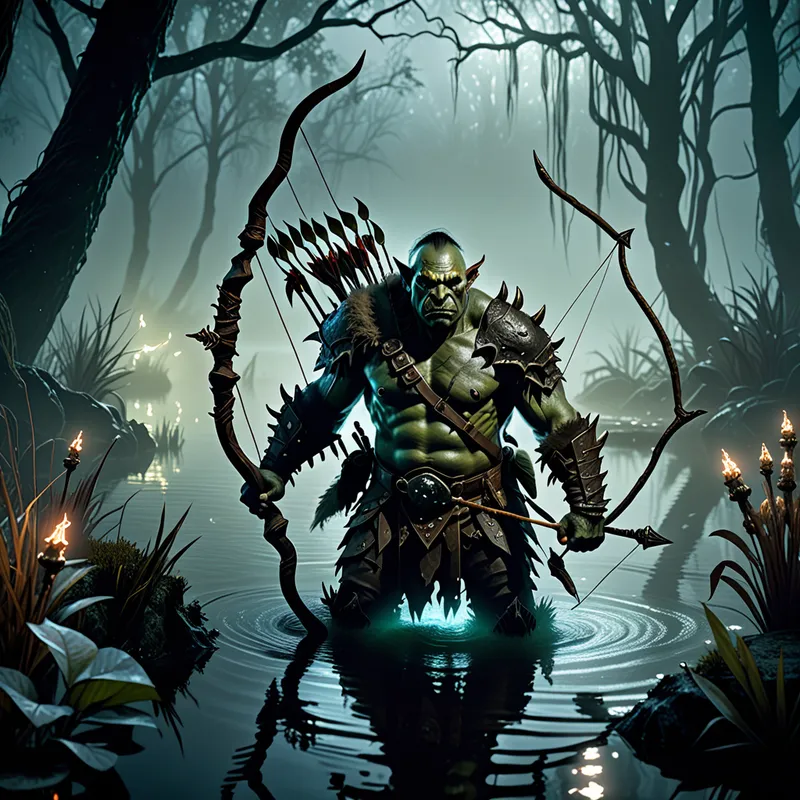 Enchanted Orc Archer of the Dreadswamp - A dramatic image of an orc archer emerging from a black swamp infused with magic, surrounded by thick fog, bioluminescent plants, and rippling dark water. The character is posed with a drawn bow and glowing arrow, wearing intricate armor made of leather, fur, and bone. Detailed fantasy realism, mystical ambiance, sharp focus, rich shadows, and cinematic depth. - AI image generated with Fictional