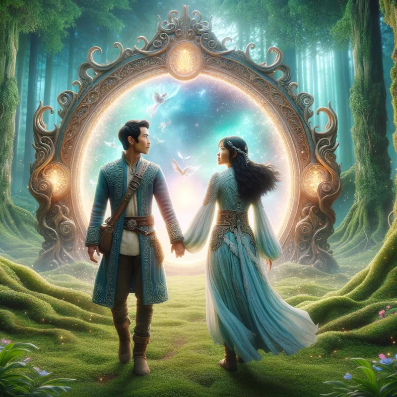 Enchanted Portal Embrace - Magical couple in front of a portal in a forest - AI image generated with Art
