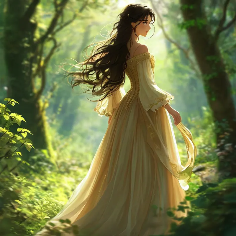 Enchanted Princess in Ghibli Forest - Create a Ghibli style image of a classic princess with flowing long hair, wearing an elegant gown, standing in a lush, enchanted forest with a serene expression. - AI image generated with Nova Canvas - antique wall portrait, ghibli, motion blur