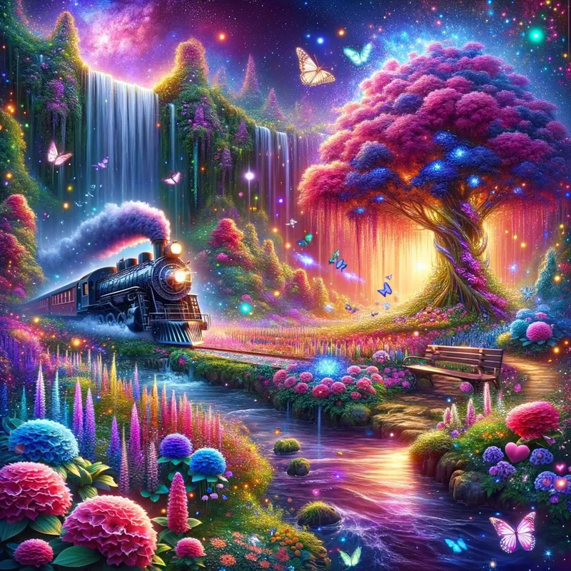 Enchanted Realm - A dark train, glitter, Rhonda flowers, galaxy, butterfly's, hearts, sparkles, universe, firefly's, waterfall, garden, fantasy forest, beautiful lit, insanely detailed, stunning environment, spiritual, colorful, illustration, enchanting, fantasy, vibrant colors, incredibly lifelike, realistic - AI image generated with Art