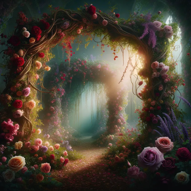 Enchanted Rose Archway - A magical, overgrown archway draped with cascading vines and blooming roses in shades of red, pink, and lavender, creating a captivating, fairytale-like scene. - AI image generated with Art