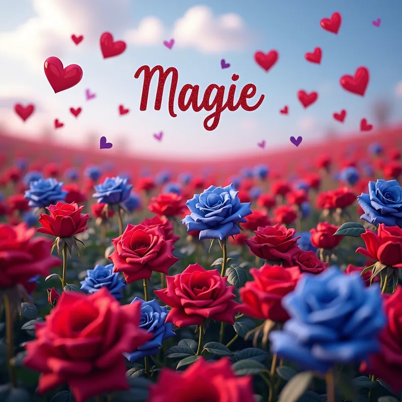 Enchanted Rose Meadow - A picturesque field filled with blooming red and blue roses, surrounded by floating purple and red love hearts. The word 'Magie' is written in a fancy font, adding to the romantic atmosphere. - AI image generated with Text - photorealistic, bird's eye view, picture of the day