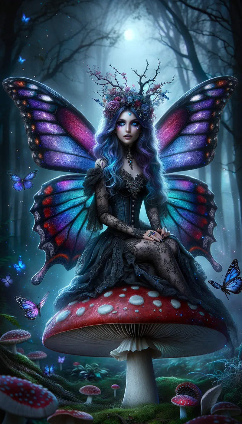 Enchanted Sovereign - Gothic fairy, butterfly wings, sitting on toadstool, thorny crown,  - AI image generated with Art