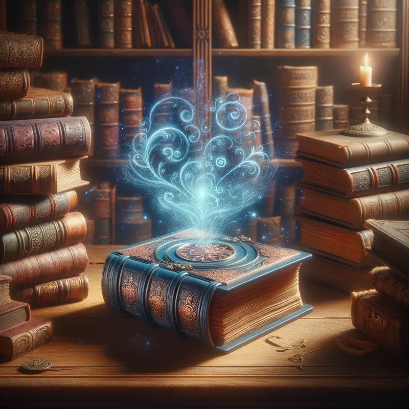 Enchanted Tome's Tale - A magical library, full of ancient and magical books. A blue-covered book, illuminated, on a table, speaking - AI image generated with Art