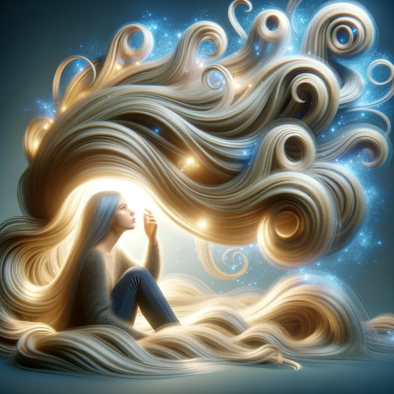 Enchanted Tresses - A miniature person peeking out from the cascading waves of a young woman's flowing hair, with hints of a magical glow. - AI image generated with Art