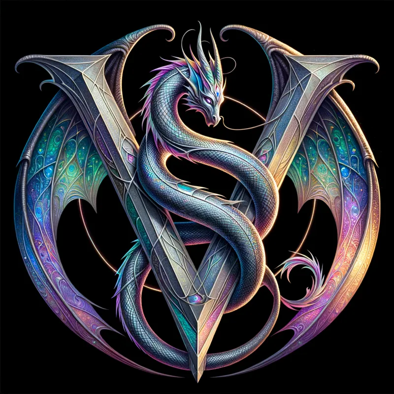 Enchanted V Dragon - A magical interpretation of a capital letter 'V' intertwined with an enchanted dragon. The 'V' is crafted with strong, geometric lines, while the dragon entangles its sleek, spiraled form around it. The wings reach out from behind the letter, encapsulating it with a protective aura. The dragon's tail loops under the 'V,' creating a sense of continuity and mystique. Its metallic scales shimmer with iridescent colors, and its eyes reflect a deep, mystical power. - AI image generated with Art