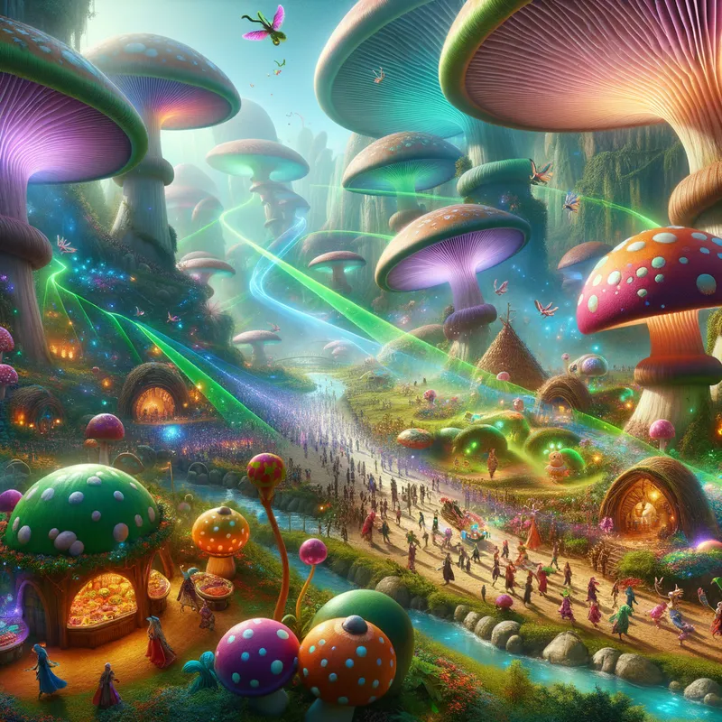 Enchanted Valley Celebration - An enchanting valley where people in imaginative costumes roam amongst gigantic mushrooms, with laser lights illuminating the scene, fruit stands resembling small huts, and multicolored igloos. Green and pink skunks fly through the air. - AI image generated with Art - fantasy art