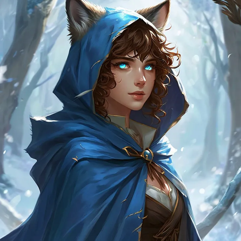 Enchanted Wolf Guide - A magical woman stands in a blue hooded cloak with brown curly hair and feathery bangs, and adorable wolf ears stick out at the top. Her icy blue eyes shine with empathy as she offers a comforting hand towards the viewer, suggesting guidance through an unknown journey. - AI image generated with Nova Canvas