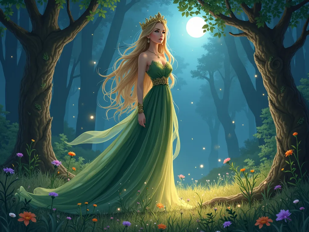 Enchanted Woodland - Illustrate Magie as a woodland fairy queen, standing in a clearing bathed in moonlight. Surround her with glowing flowers, delicate fireflies, and towering ancient trees. Highlight her regal poise and mysterious charm with a soft luminescent glow. - AI image generated with Photorealistic 2