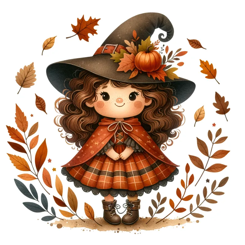 Enchanting Autumn Witch - A cute plus size witch with brown curly hair, wearing an autumn-themed outfit, surrounded by falling leaves. The entire scene is painted in watercolor with warm, earthy tones. - AI image generated with Art