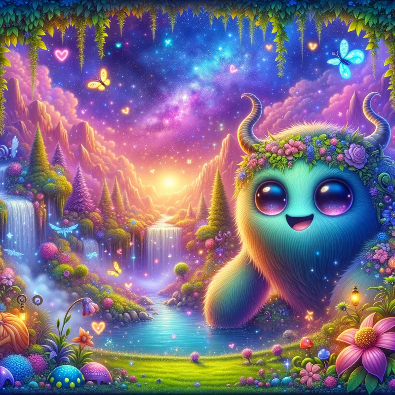 Enchanting Cosmic Creature - cute big monster with big cute eyes smiling, glitter, Rhonda flowers, galaxy, butterfly's, hearts, sparkles, universe, firefly's, waterfall, garden, fantasy forest, beautiful lit, insanely detailed, stunning environment, spiritual, colorful, illustration, enchanting, fantasy, vibrant colors, incredibly lifelike, realistic - AI image generated with Art