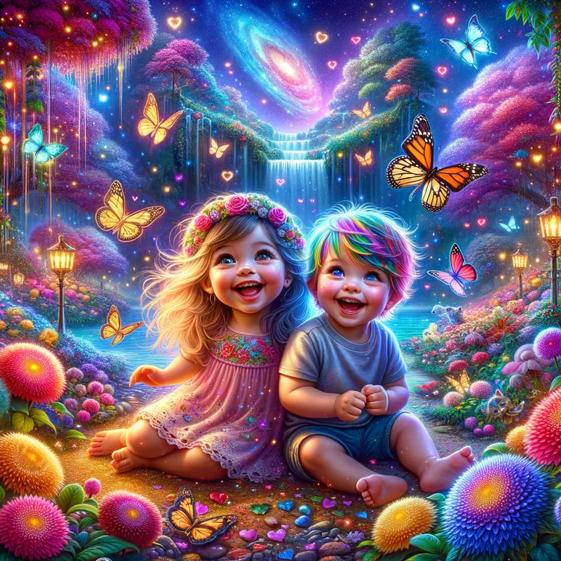Enchanting Dreamland - cute toddler girl and toddler boy with fuzzy messy rainbow hair smiling, glitter, Rhonda flowers, galaxy, butterfly's, hearts, sparkles, universe, firefly's, waterfall, garden, fantasy forest, beautiful lit, insanely detailed, stunning environment, spiritual, colorful, illustration, enchanting, fantasy, vibrant colors, incredibly lifelike, realistic, heaven - AI image generated with Art