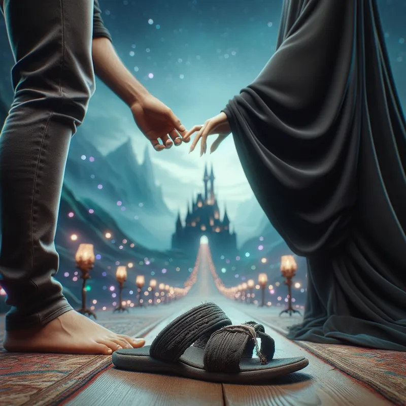 Enchanting Encounter - In a backdrop of magical wonder, a flip flop with a broken strap lies on the ground. Above it, only the hands of a couple are seen holding each other tenderly. The woman wears a long black abaya dress, fully covering her lower body and arms, and the man is dressed in trousers and a t-shirt. The woman's feet are not shown, highlighting the couple's hands and the mystical setting. - AI image generated with Art