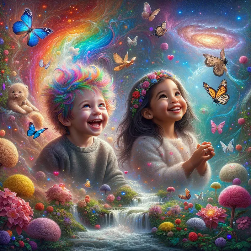Enchanting Ethereal Adventure - cute toddler girl and toddler boy with fuzzy messy rainbow hair smiling, glitter, Rhonda flowers, galaxy, butterfly's, hearts, sparkles, universe, firefly's, waterfall, garden, fantasy forest, beautiful lit, insanely detailed, stunning environment, spiritual, colorful, illustration, enchanting, fantasy, vibrant colors, incredibly lifelike, realistic, heaven - AI image generated with Art