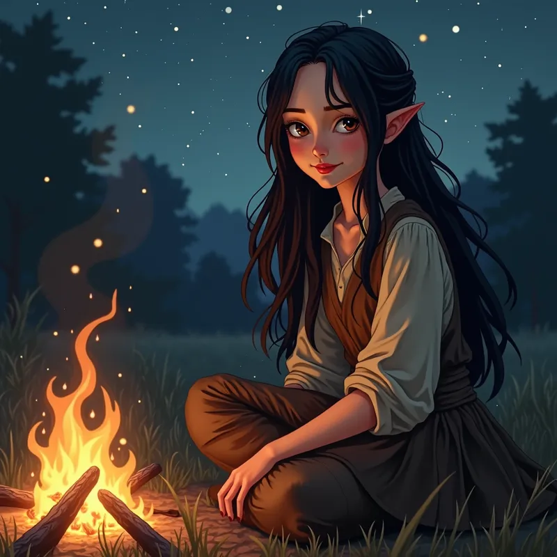 Enchanting Evening - A girl with long black hair and chestnut eyes in casual medieval clothes, sitting by a campfire under a starlit sky. - AI image generated with Photorealistic 2 - photorealistic