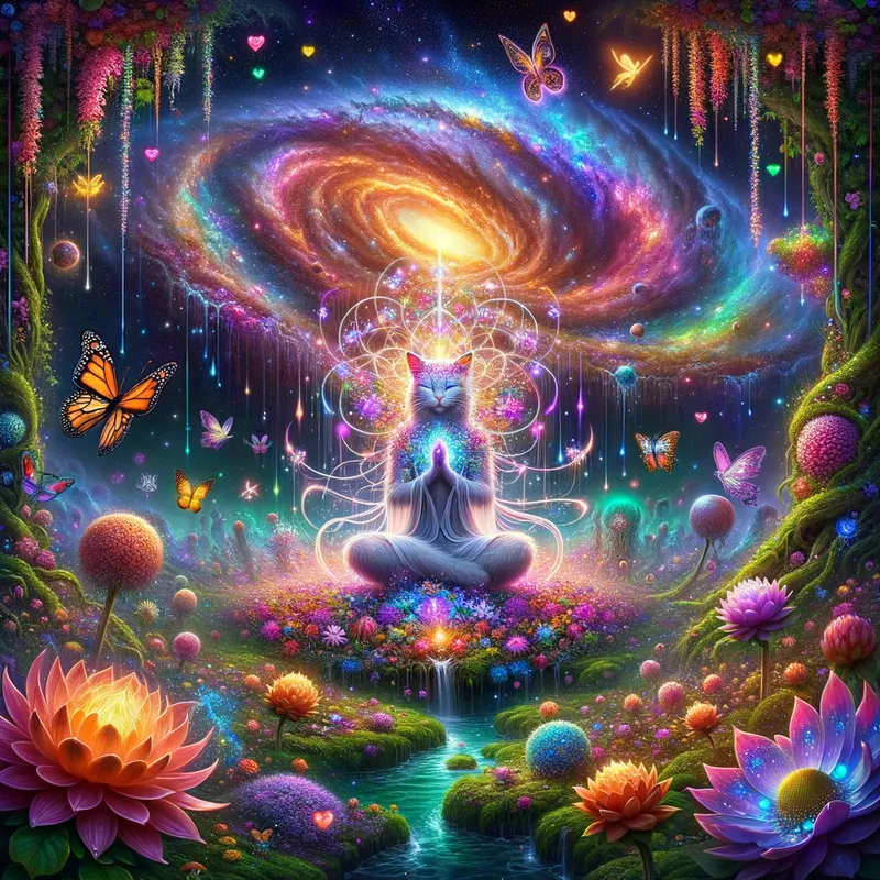 Enchanting Fantasy Realm - cat, raindrops, glitter, rainbow, Rhonda flowers, galaxy, butterfly's, hearts, sparkles, universe, firefly's, rainbow swirling smoke, fantasy forest, garden, beautiful lit, insanely detailed, stunning environment, spiritual, colorful, illustration, enchanting, fantasy, vibrant colors, incredibly lifelike, realistic, vibrant, illuminating heaven - AI image generated with Art