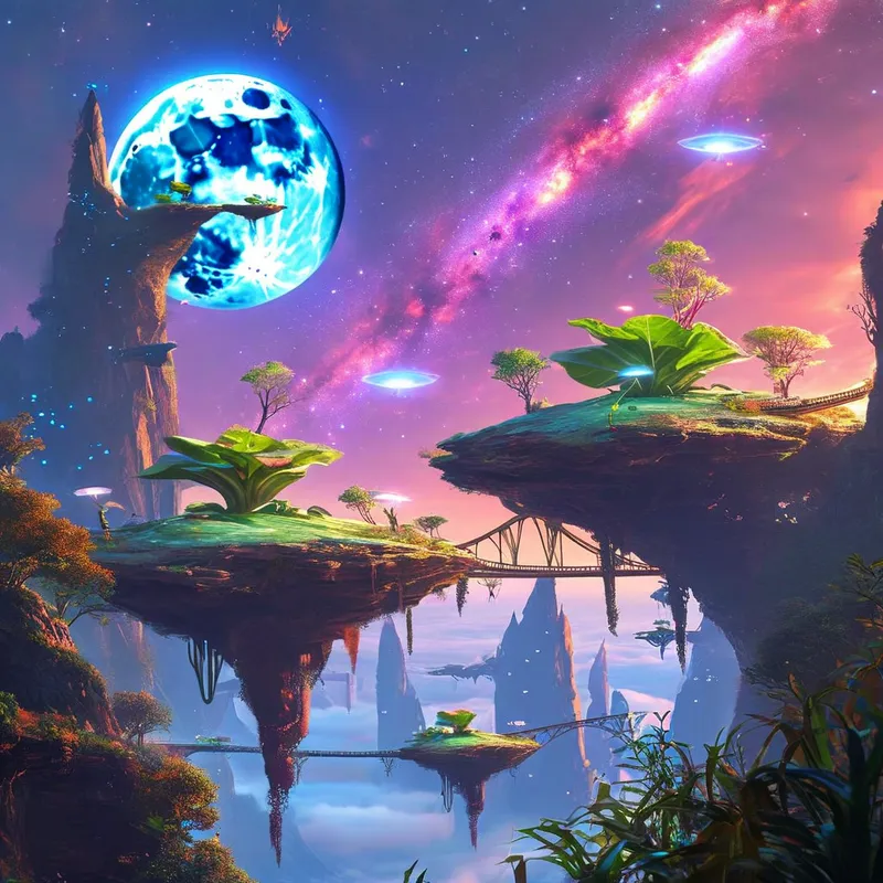 Enchanting Floating Islands - A surreal fantasy world with floating islands connected by glowing bridges, bizarre alien plants with luminescent leaves, and mysterious creatures roaming around. The sky is a swirl of vibrant colors, with two moons and a distant galaxy visible. The atmosphere is filled with sparkling particles, creating a magical and otherworldly ambiance.

Would you like to add or change anything in this description? - AI image generated with Nova Canvas