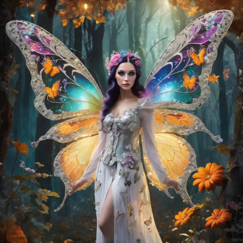 Enchanting Goth Fairy - Beautiful Halloween white Goth butterfly fairy "modestly dressed in an Anna Sui designer outfit" with illuminating wings, glitter, flowers, forest, garden, beautifully lit, insanely detailed, stunning environment, spiritual, colorful, illustration, enchanting, fantasy, vibrant colors, incredibly lifelike, realistic, vibrant, illuminating - AI image generated with Fictional - water splashes, double exposure
